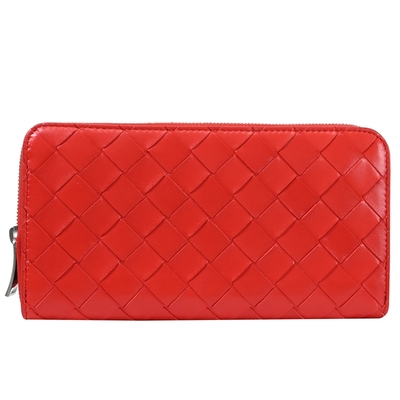 BOTTEGA VENETA 寶緹嘉  品牌經典編織小羊皮ㄇ字拉鍊長夾(紅色)