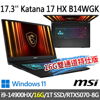 MSI微星 Katana 17 HX B14WGK-037TW 17.3吋 電競筆電 (i9-14900HX/16G/1T SSD/RTX5070-8G/Win11-16G雙通道特仕版)