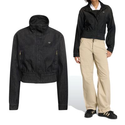 Adidas P Ess Denim Tt 女款 黑色 短版 立領 牛仔 拉鍊 夾克 外套 KD3918