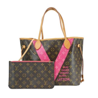 二手品 Louis Vuitton Neverfull MM 帆布螢光粉V托特包(M41602-咖)