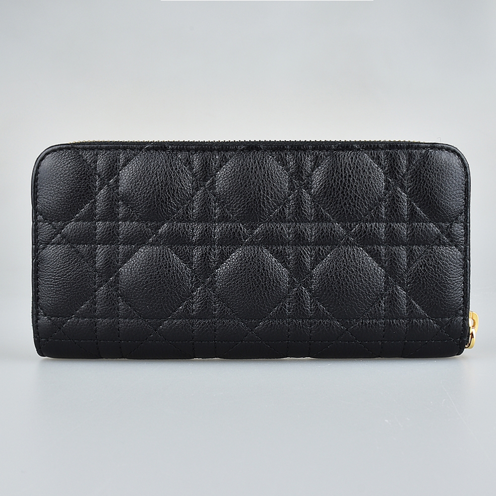 DIOR CARO 金字CD LOGO藤格紋絎縫設計小牛皮8卡拉鍊長夾(黑) | 歐系