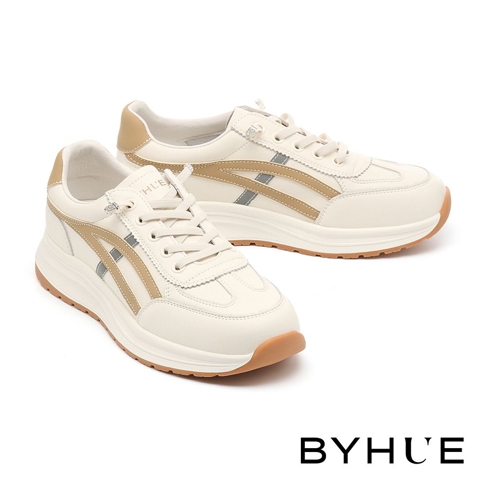 休閒鞋 BYHUE 舒適跳色線條全真皮彈力鞋帶軟芯Q底厚底休閒鞋－綠