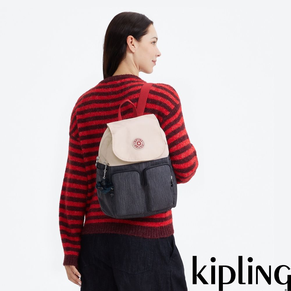 『猴子包』Kipling 牛仔拼接掀蓋多袋收納後背包-CITY POCKET S