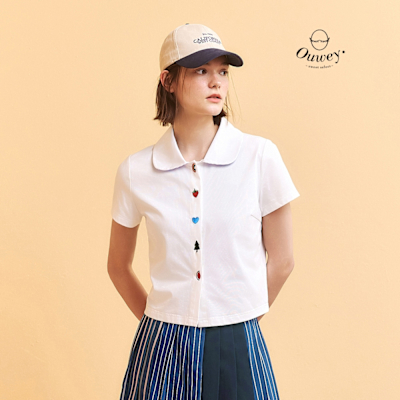 OUWEY歐薇 刺繡前襟短版棉質針織布上衣(白；S-L)