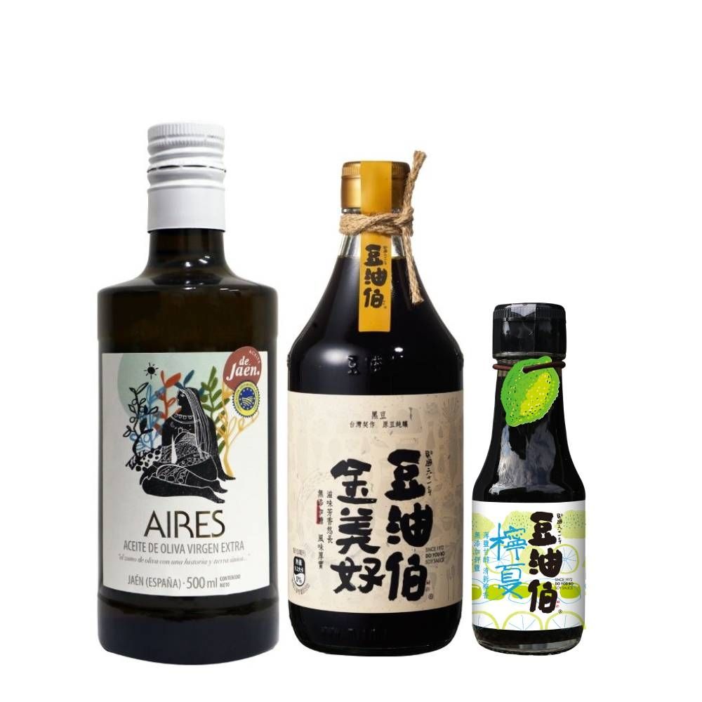 豆油伯 好油好醬組(艾瑞斯Picual單一品種特級初榨橄欖油500ml+金美好無添加糖釀造醬油500ml+檸夏釀造醬油(檸檬風味)100ml，(各1，共3入)