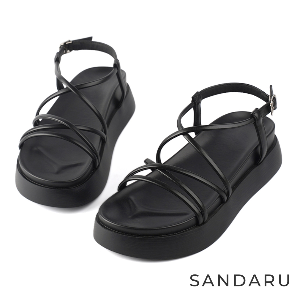 山打努SANDARU-涼鞋 細交叉側扣厚底涼鞋-黑 (黑)