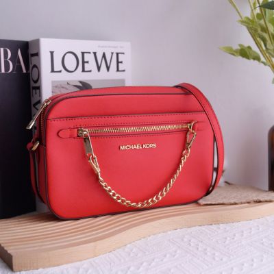 MICHAEL KORS  JET SET 金屬LOGO防刮拉鍊斜背方包(紅/金LOGO)