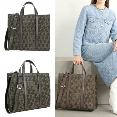 FENDI 芬迪 Shopper FF 老花提花拼接小牛皮肩背托特包(咖啡色)