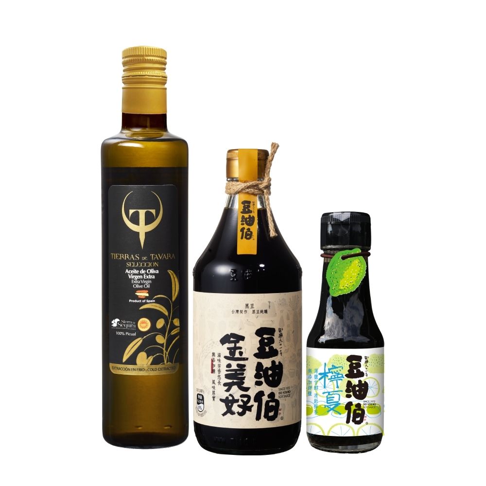 豆油伯 好油好醬組(賽古拉DO特級初榨橄欖油500ml+金美好無添加糖釀造醬油500ml+檸夏釀造醬油(檸檬風味)100ml，(各1，共3入)