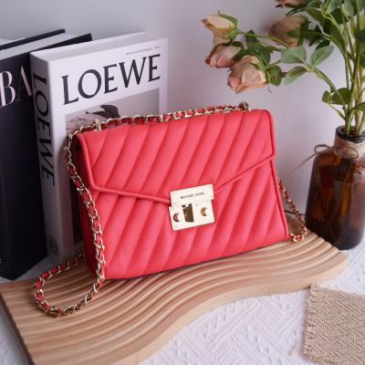 MICHAEL KORS Rose 斜紋車線翻蓋斜背鍊包(珊瑚紅-全新福利品)