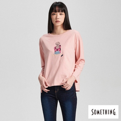 SOMETHING 女裝 七分袖印花薄長袖T恤-淡桔色