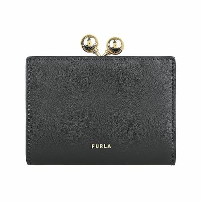 FURLA 小牛皮Dots系列燙金LOGO 6卡按釦式口金零錢中夾(黑)