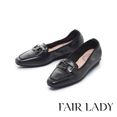 FAIR LADY 我的旅行日記 經典金屬鏈釦平底樂福鞋 黑 (503184)
