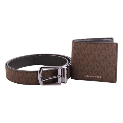MICHAEL KORS 滿版LOGO 細版皮帶+短夾禮盒組(深咖)