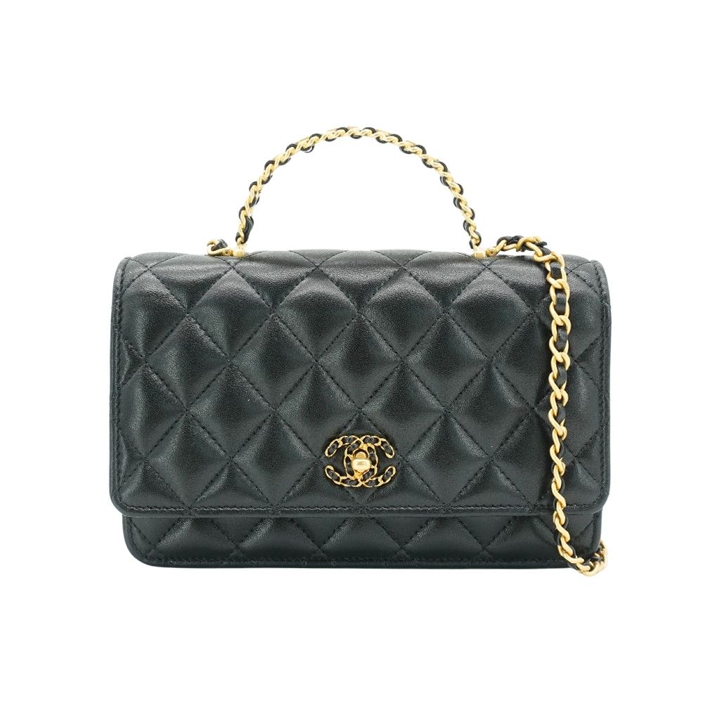 Chanel 香奈兒 展示品 菱格羊皮金手柄皮穿鍊Woc斜背包(AP3664-黑)