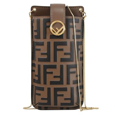 FENDI 立體FF LOGO壓花小牛皮扣式斜背/手機鍊包(深咖)