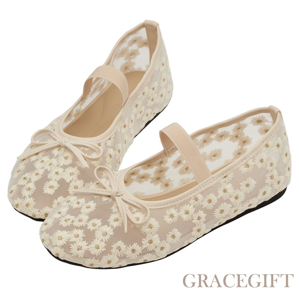 【Grace Gift】春日花園蝴蝶結網紗平底瑪莉珍鞋 杏