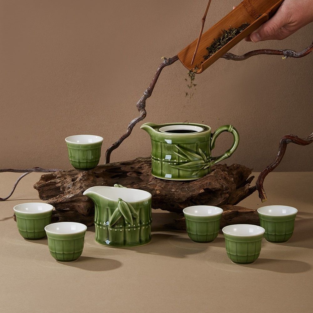 乾唐軒活瓷-竹節茶具組/ 綠釉/ 一壺+六杯+茶海| 杯子| Yahoo購物中心