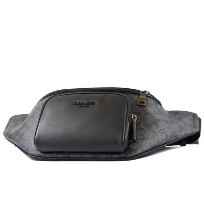 COACH 男款 Racer 緹花LOGO拚小牛皮前置物拉鍊腰包-灰黑