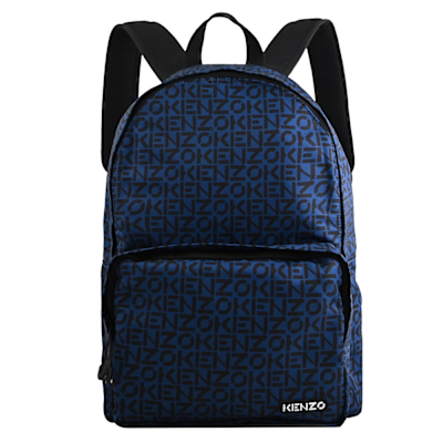 KENZO 滿版LOGO印花輕量尼龍拉鍊雙肩大後背包(深藍)