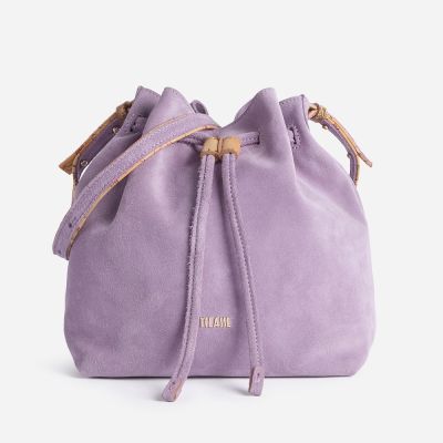 Alviero Martini 義大利地圖包 小牛麂皮束口側揹水桶包22cm-紫色