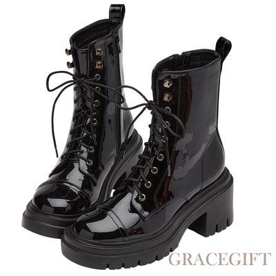【Grace Gift】甜酷圓頭綁帶高跟馬丁軍靴 黑漆