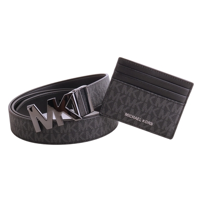 MICHAEL KORS 滿版LOGO 細版皮帶+卡夾禮盒組(黑灰)