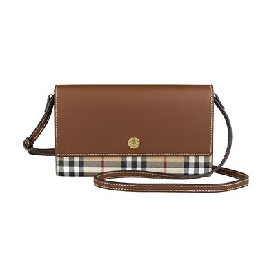 BURBERRY 巴寶莉 Hannah電鍍金屬LOGO高級小牛皮結合帆布按釦斜背長夾包(淺棕x米格紋)