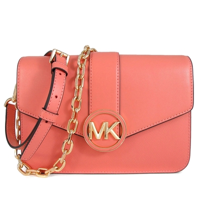 MICHAEL KORS Carmen 金字大圓標Logo冰沙粉橘掀蓋肩斜金鏈酒神兩用包(新品瑕疵)