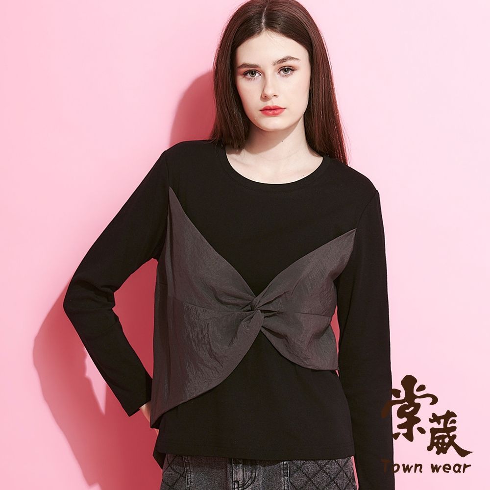 【TOWNWEAR棠葳】質感綁結拼接上衣(中大尺碼/女上衣/女上著/棉質/長袖/撞色) (黑色系)