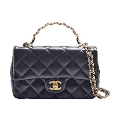 CHANEL香奈兒 CHANEL 經典雙C LOGO菱格亮面羊皮麻花金屬提把翻蓋手提/斜背包(黑色)