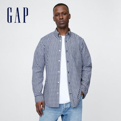【GAP】男裝|純棉翻領長袖襯衫-海軍藍方格(734040)