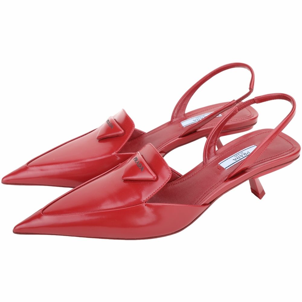 PRADA 普拉達 Patent / Spazzolato 三角牌牛皮尖頭鞋 穆勒鞋-多款可選 (Spazzolato拋光露跟繫帶尖頭穆勒鞋5.5CM-紅色)