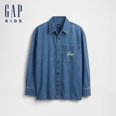 【GAP】兒童牛仔寬鬆襯衫-深色水洗(887241)