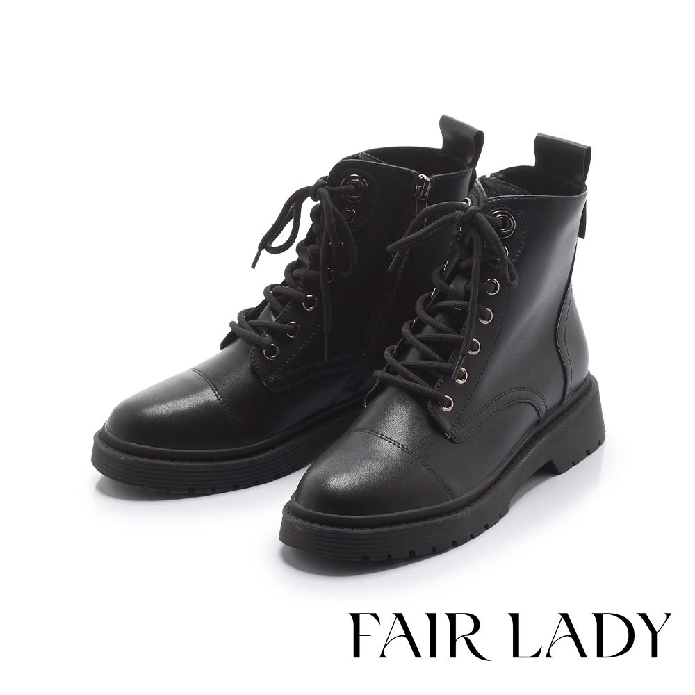 FAIR LADY 軟實力 綁帶皮革飾釦短軍靴 黑 (7B2574)