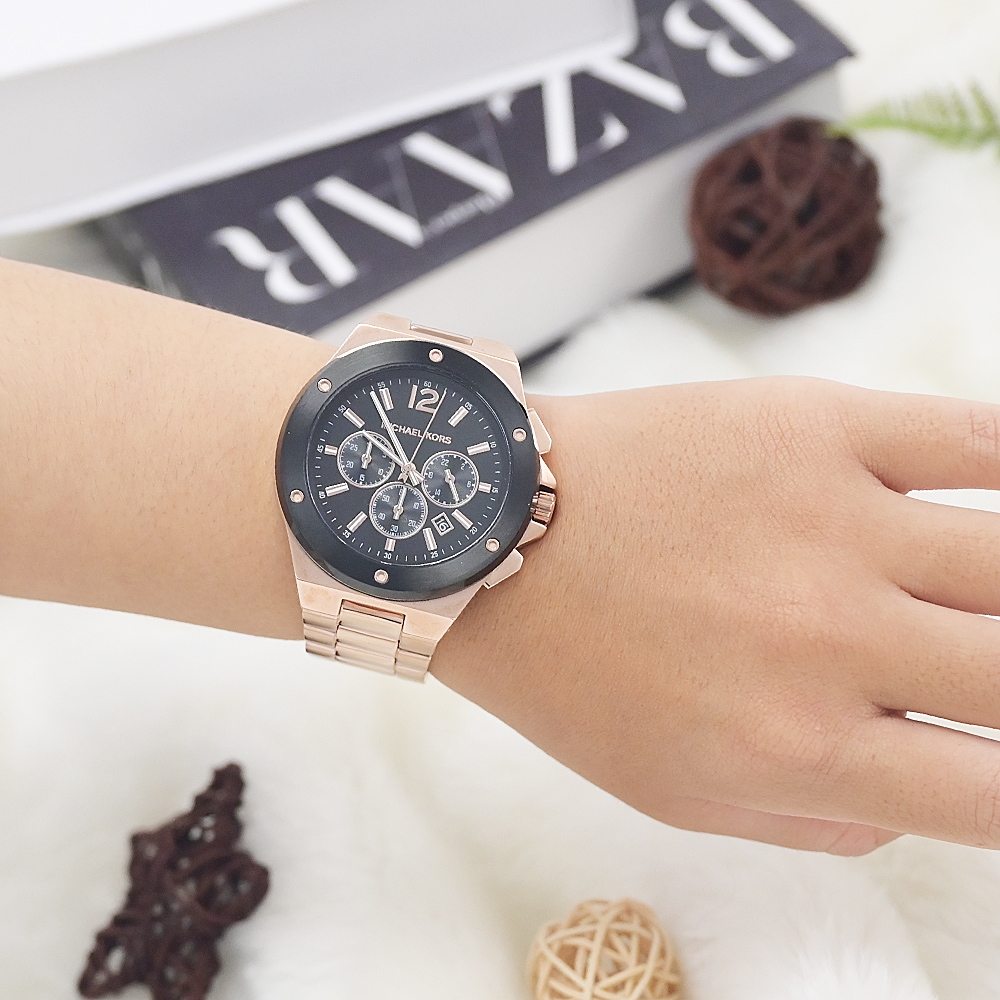 MICHAEL KORS 經典MK三眼不繡鋼手錶45mm(玫瑰金/黑) | 服飾穿搭配件| Yahoo購物中心