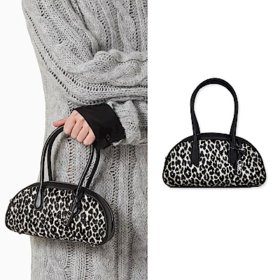 MICHAEL KORS Lulu 銀字MK Logo小牛毛豹紋皮革滾邊復古小手提半月包(黑色/小)