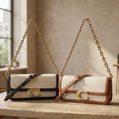 COACH 帆布拼牛皮IDOL 23系列磁吸釦金鍊肩背斜背包(奶油白x多色)