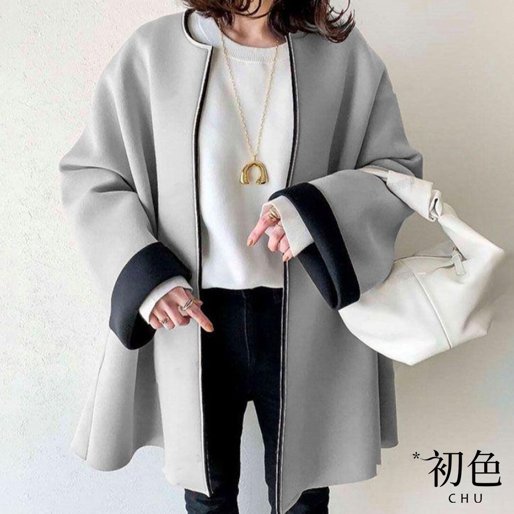 初色 日韓系小香風純色加厚圓領毛呢大衣休閒外套-共5色-64171(F可選)