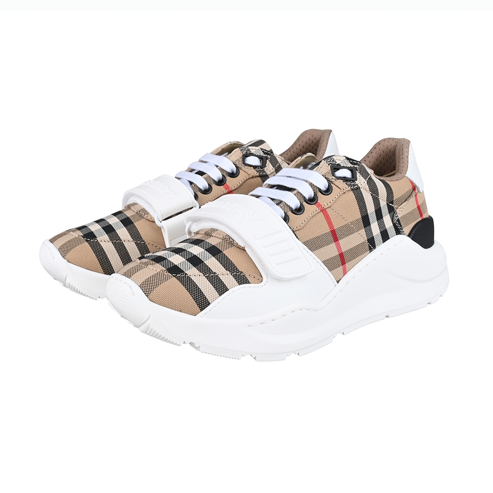 BURBERRY 巴寶莉  立體白字 LOGO 棉質重疊格紋拼接小牛皮混多材質運動鞋(女款/典藏米x白x黑)