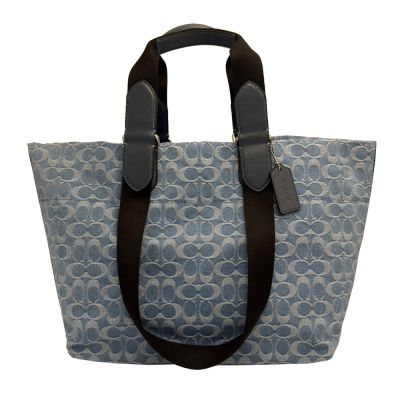 COACHC LOGO牛仔棉布手提/肩背購物托特包(牛仔藍)