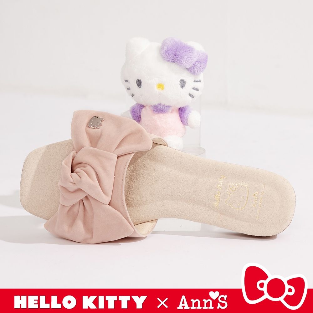 Ann’S X Sanrio三麗鷗 HELLO KITTY 聯名 水洗牛皮 絨布甜美大蝴蝶結方頭涼拖鞋2.5cm-粉杏