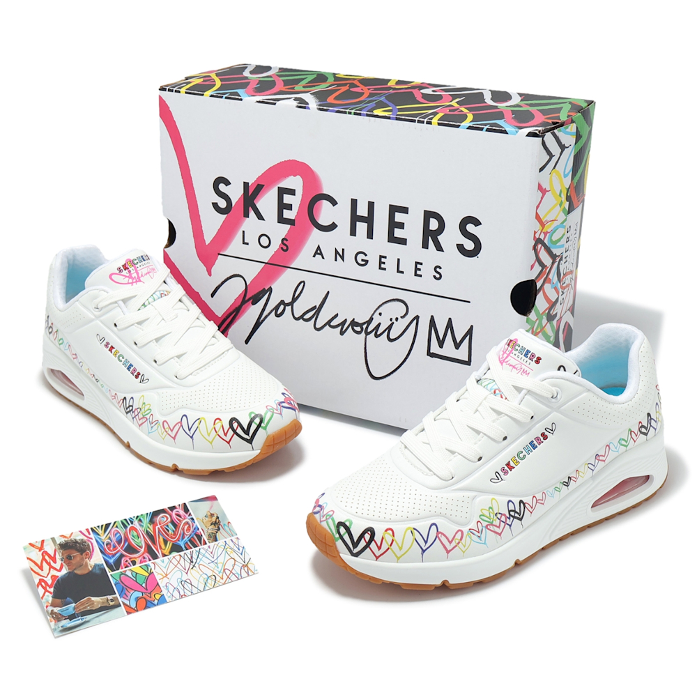 Skechers 休閒鞋UNO-Love All Around 女鞋白彩虹氣墊膠底緩衝愛心塗鴉