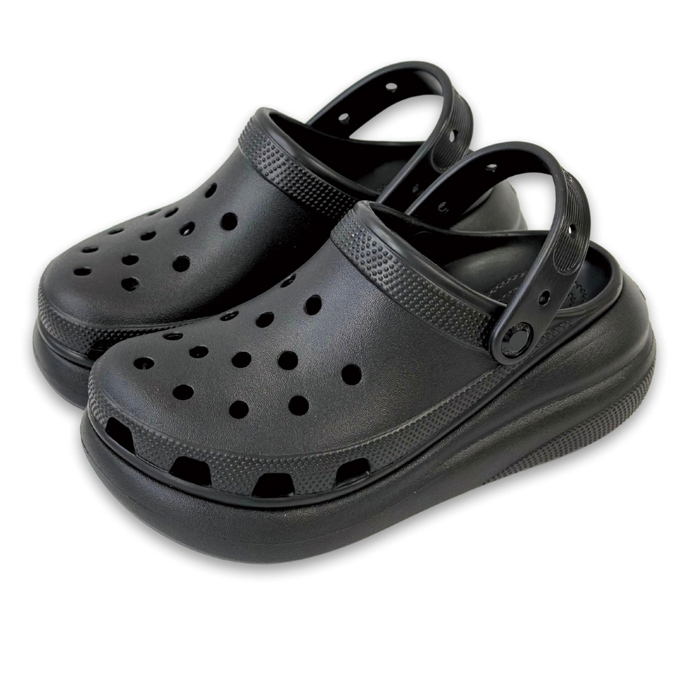 Crocs 卡駱馳 經典泡芙克駱格 CRUSH CLOG 女 黑色 增高中性鞋 休閒洞洞鞋 厚底涼鞋 輕量懶人鞋 防水拖鞋 207521-001