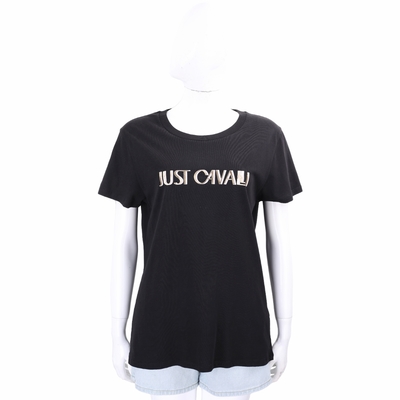 Just cavalli 皮革感字母貼飾印花黑色純棉短袖TEE T恤