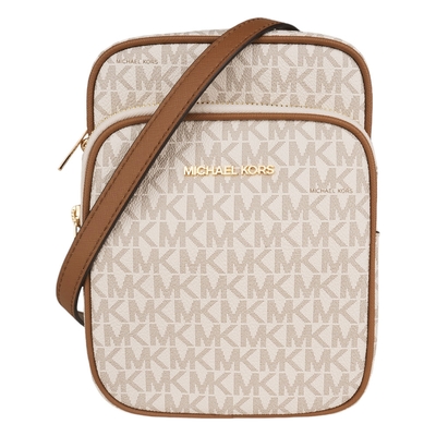 MICHAEL KORS 金字滿版MK 防刮斜背航空包(白x駝邊)小款