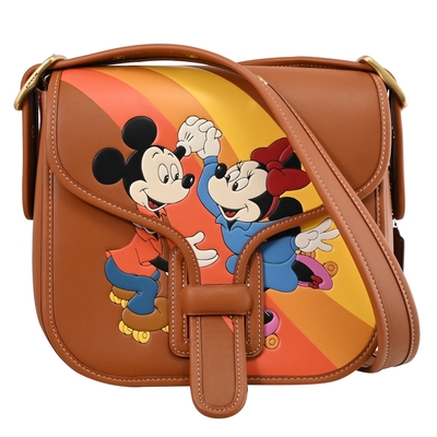 COACH DISNEY聯名款米奇米妮皮革翻蓋式斜背包(咖)