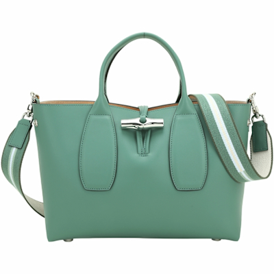 LONGCHAMP Roseau M 竹節鎖釦牛皮手提/斜背托特包(綠色)