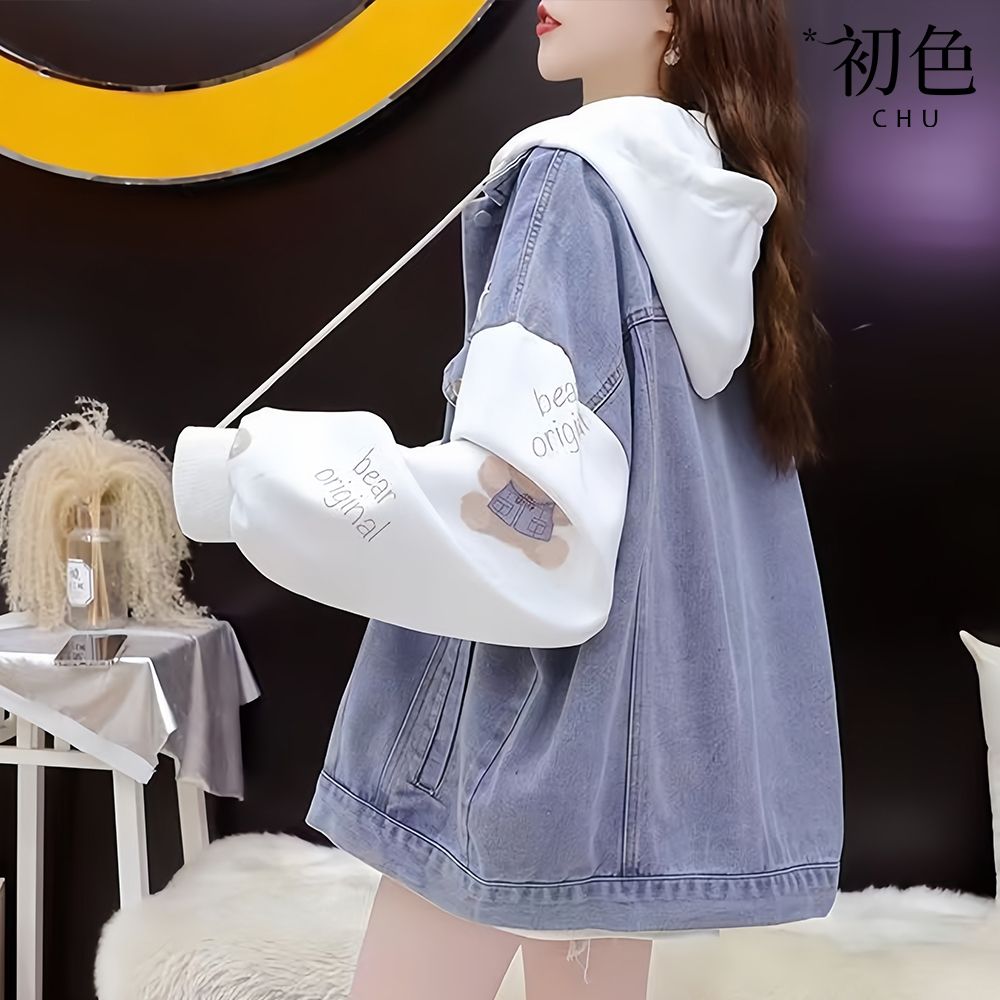初色 慵懶風撞色拼接小熊牛仔連帽抽繩單排釦寬鬆外套女外套-藍色-54076(M-2XL可選)