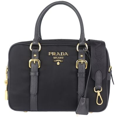 PRADA 黑色尼龍皮邊金字方形鎖頭兩用斜肩/手提包